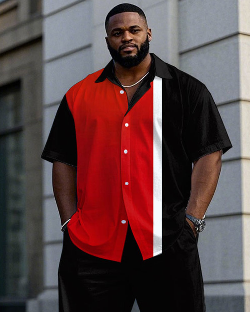 Men's Plus Size Black & Red * White Simple Color Block Daily Casual Short Sleeve Shirt Trousers Suit