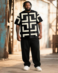 Big & Tall Men's Classic Khakis Black Geometric Print T-Shirt Pants Suit