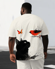 Men's Simple Cat & Bird Illustration Back Print Cool Big & Tall Short-Sleeve T-shirt & Short Set