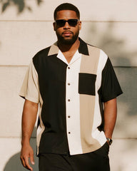 Big & Tall Men's Business Black Colorblock Stripe Printed Pocket Short Sleeve Shirt Trousers Suit
