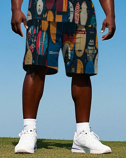 Big Men's Hawaiian Fashion Abstract Colorful Surfboard Printed Cuban Collar Short Sleeve Shirt Shorts Set