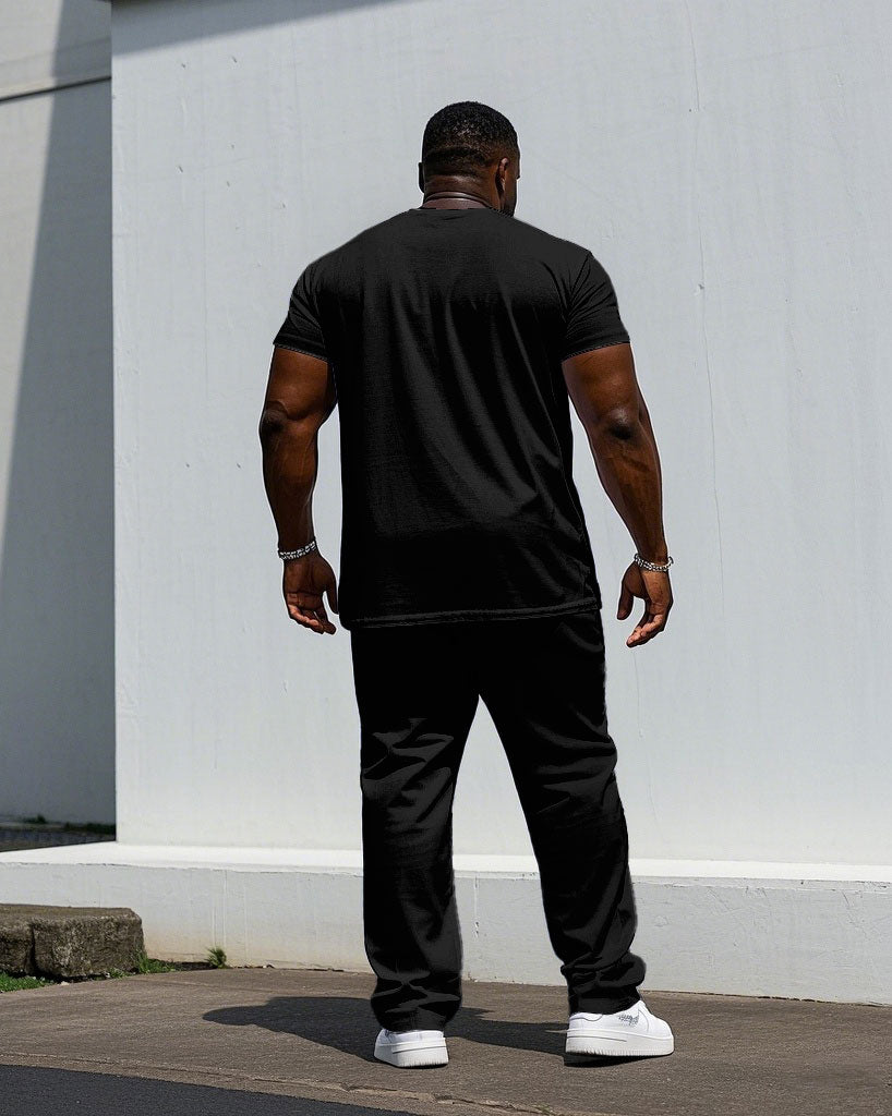 Men's Plus Size Casual Black & Green Chest Design Small Label Printed Short Sleeve T-Shirt Trousers Suit
