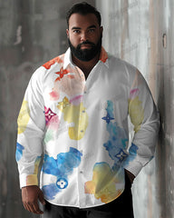 Big & Tall Men's Casual Simple Geometric Pattern Tie Dye Print Lapel Long Sleeve Shirt