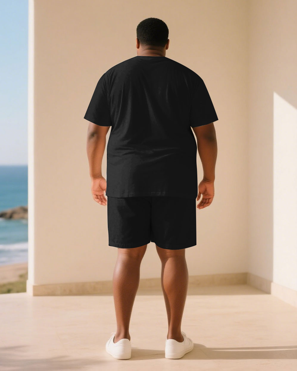 Big & Tall Men Black Geometric Symmetrical Pattern Printed Round Neck Short Sleeve T-Shirt Shorts Suit