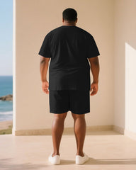 Big & Tall Men Black Geometric Symmetrical Pattern Printed Round Neck Short Sleeve T-Shirt Shorts Suit