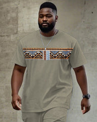 Men's Plus Size Daily Casual Khaki Color Matching Ethnic Style Printed T-shirt Trousers Suit