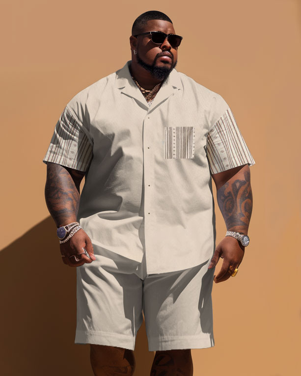 Big Men's Simple Stripe Patchwork Printed Pocket Short Sleeve Shirt Shorts Set