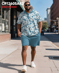 Big & Tall Men's Business Hawaiian Hasahi Leaf Printed Short Sleeve Polo Shirt Shorts Suit