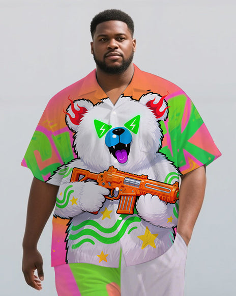 Men's Cartoon Bear with Gun Street Fashion Short Sleeve Shirt and Pants 2-Piece Set