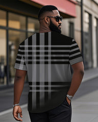 Men's Plus Size Daily Casual Black Plaid Letter Print Henry Collar Button Short Sleeve T-Shirt