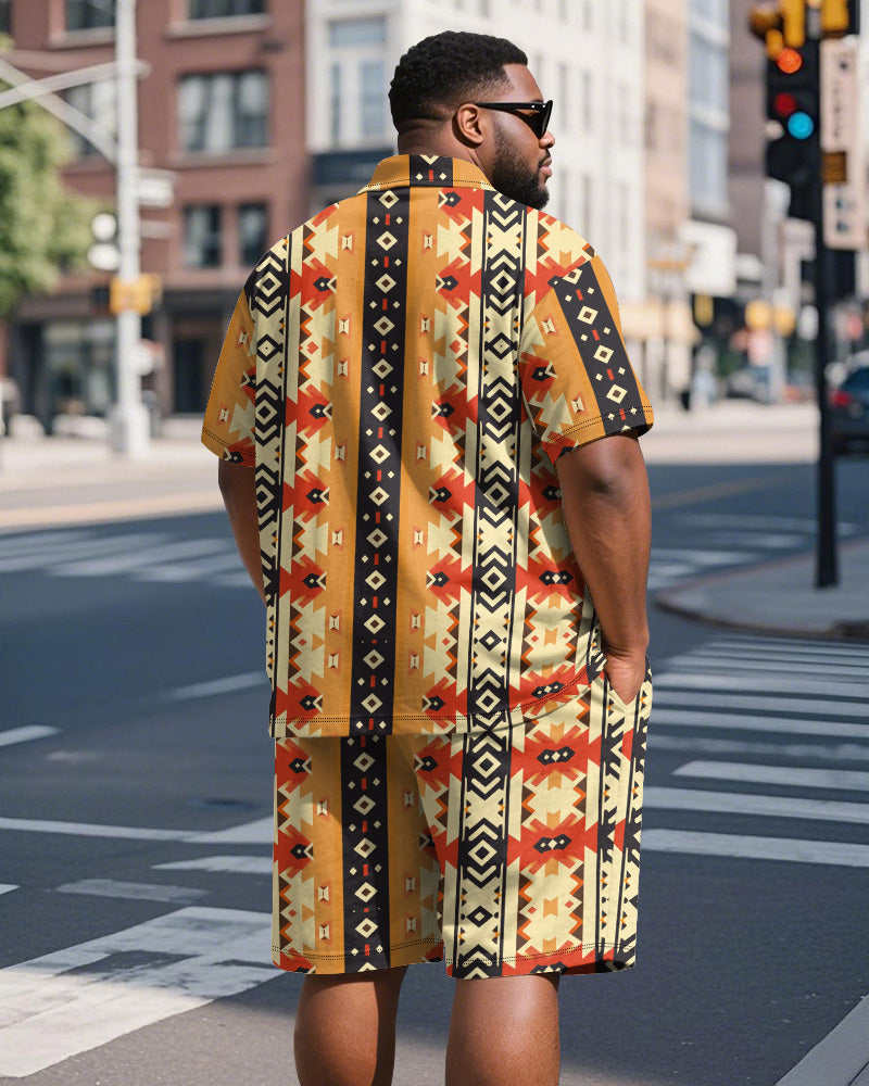 Big & Tall Men's Yellow Geometric Colorblock Diamond Print Short Sleeve Polo Shirt Shorts Suit