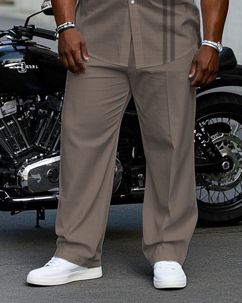 Men's Plus Size Business Brown Color Block Short Sleeve Shirt Trousers Suit