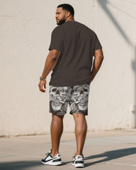 Men's Plus Size Chocolate Skull Rose Print Short Sleeve T-Shirt Shorts Suit