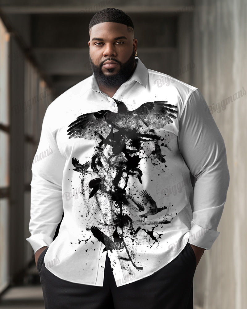 Plus Size Men's Casual Viking Raven Ink Painting Print Lapel Long Sleeve Shirt