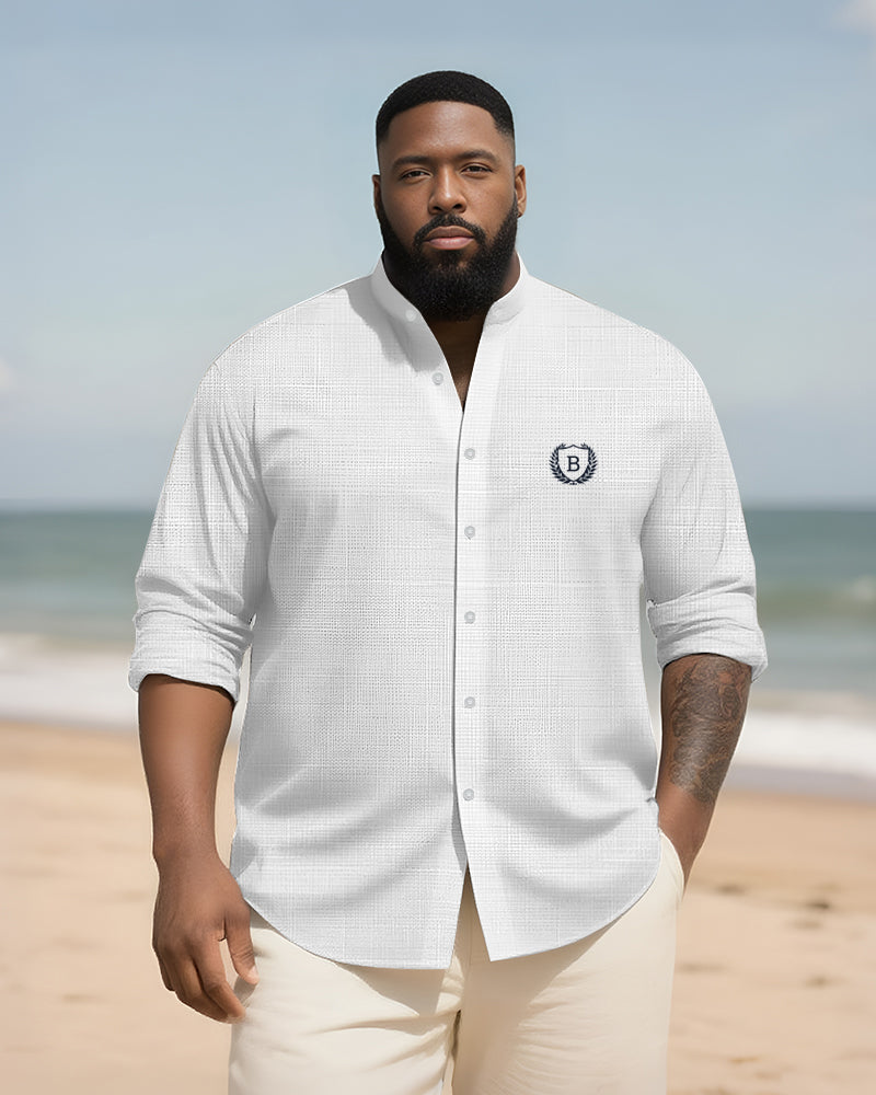 Big & Tall Men's Everyday College Style B Letter Icon Bamboo Hemp Texture Stand-up Collar Long Sleeve Shirt