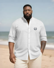 Big & Tall Men's Everyday College Style B Letter Icon Bamboo Hemp Texture Stand-up Collar Long Sleeve Shirt