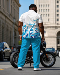 Men's Plus Size Business White & Blue Geometric Gradient Arrangement Short Sleeve Shirt Trousers Suit