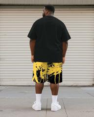 Big & Tall Men's Yellow Graffiti Teeth Print Round Neck Short Sleeve T-Shirt Shorts Suit