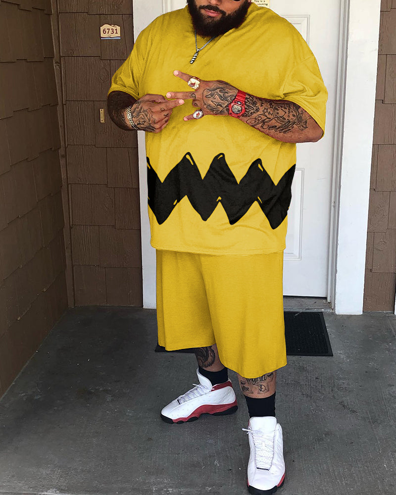 Yellow Men's Plus Size Sport Graffiti Two Piece Set