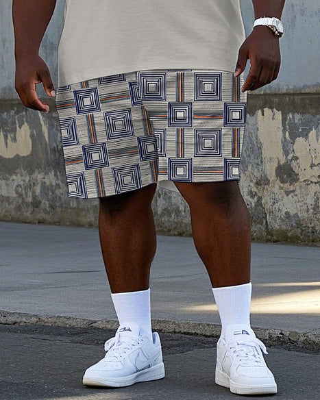 Men's Vintage Geometric Pattern Printed Big & Tall Short Sleeve Polo Shirt Shorts Set