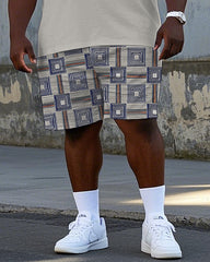 Men's Vintage Geometric Pattern Printed Big & Tall Short Sleeve Polo Shirt Shorts Set