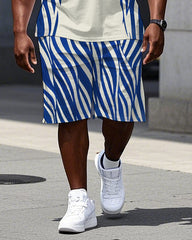 Big & Tall Men's Simple Stripe Printed Short Sleeve Polo Shirt Shorts Set