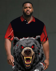 Men's Dark Style Skull and Bear Cartoon Printed Big Size Short-Sleeve Polo Shirt Shorts Set