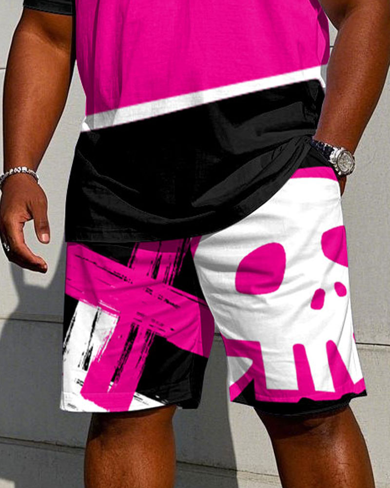 Men's Plus Size Street Hip Hop Pink & Black Short Sleeve T-Shirt Shorts Suit
