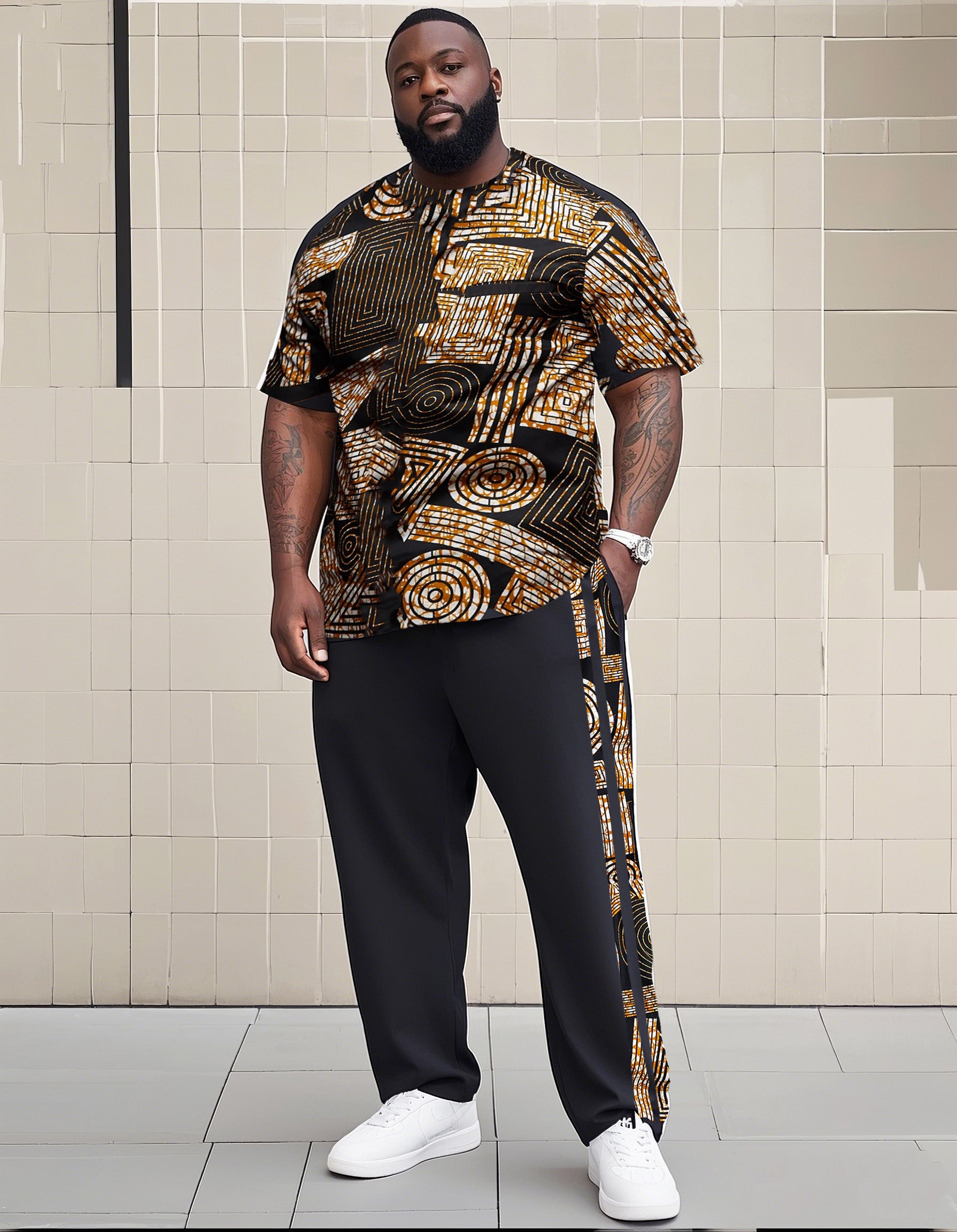 Big Boy Essential Retro African Impression Totem Print Short Sleeve Trousers Suit