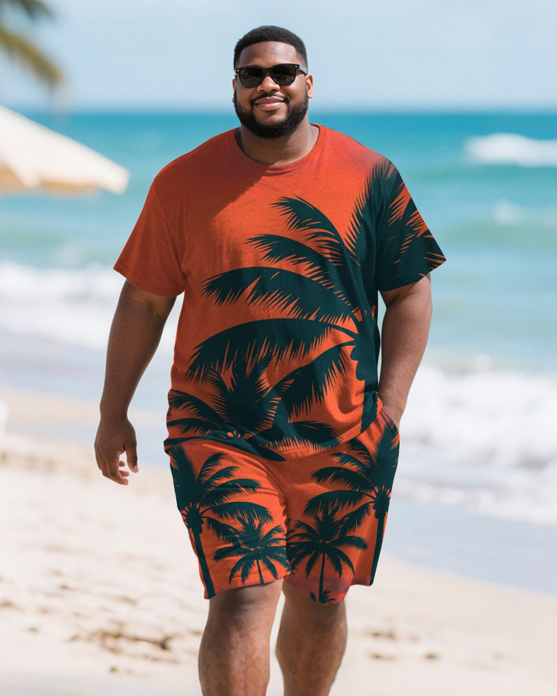 Men's Plus Size Orange Coconut Tree Silhouette Print Round Neck Short Sleeve T-Shirt Shorts Suit
