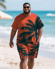 Men's Plus Size Orange Coconut Tree Silhouette Print Round Neck Short Sleeve T-Shirt Shorts Suit