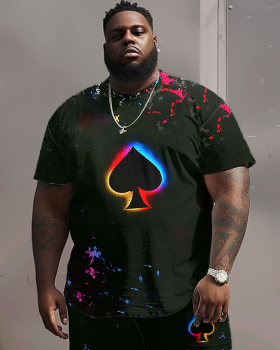 Men's Big and Tall Street Casual Fantasy Poker Print T-Shirt Shorts Set