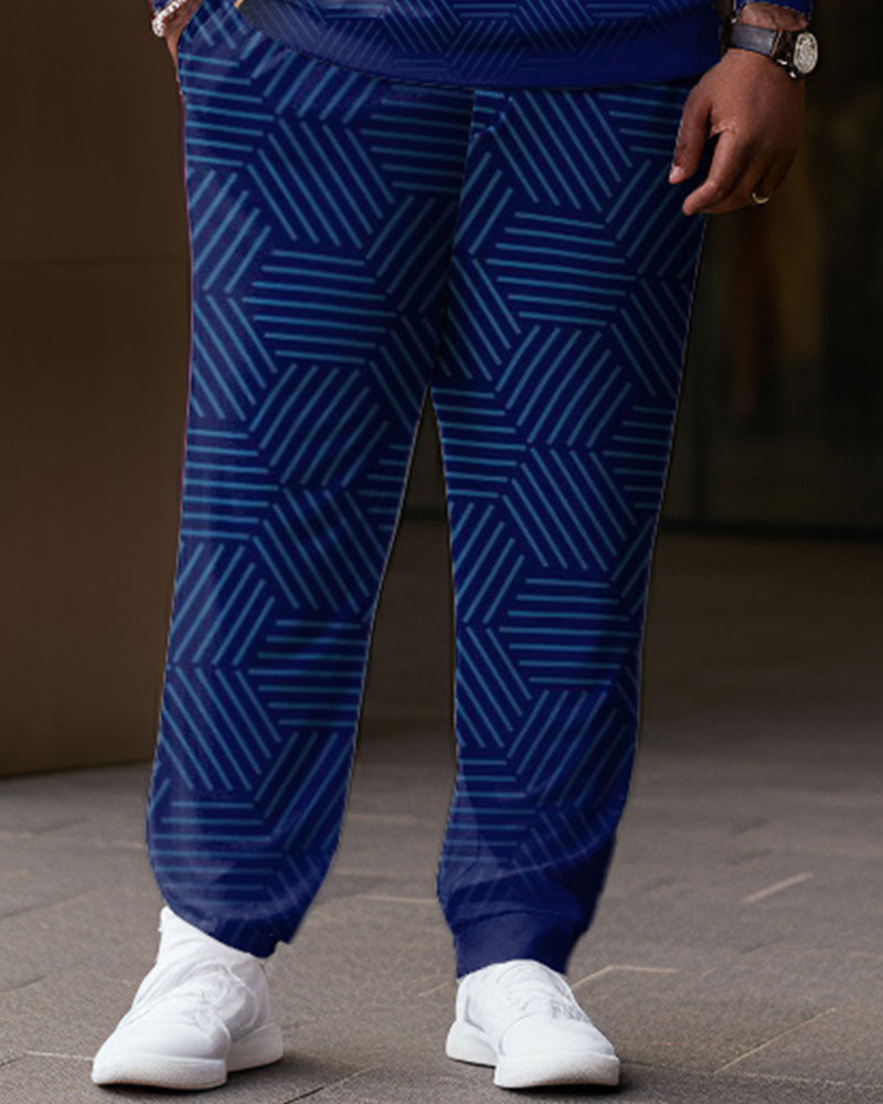 Men's Large Size Geometric Zipper Polo Shirt and Pants Two-piece Set