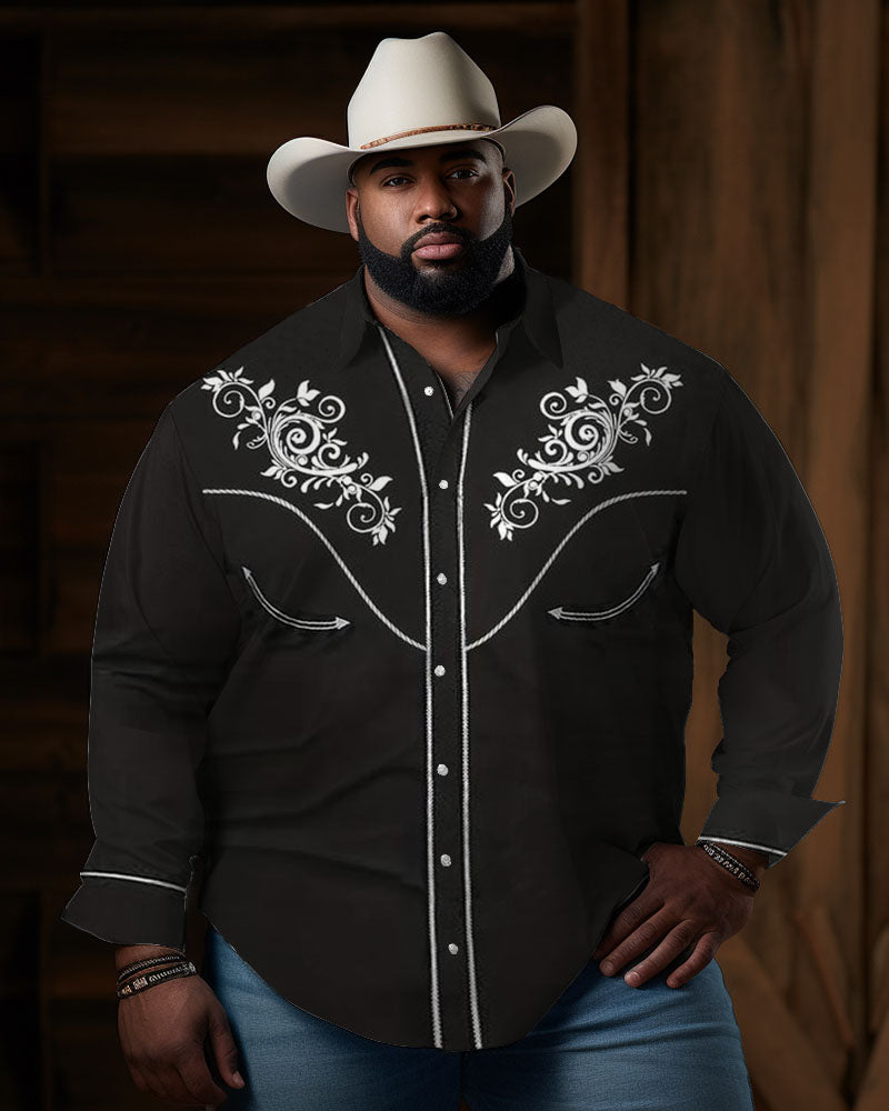 Big Guys Western Denim Vintage Black Floral Pattern Lapel Long Sleeve Shirt