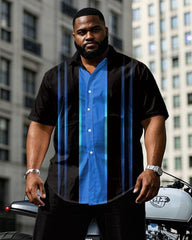 Men's Plus Size Black & Blue Colorblock Line Gradient Design Short Sleeve Shirt Pants Suit