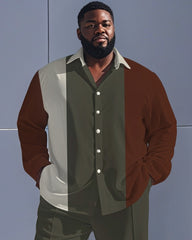 Men's Plus Size Army Green Brown Color-block Vertical Stripe Print Long Sleeve Shirt Trousers Suit