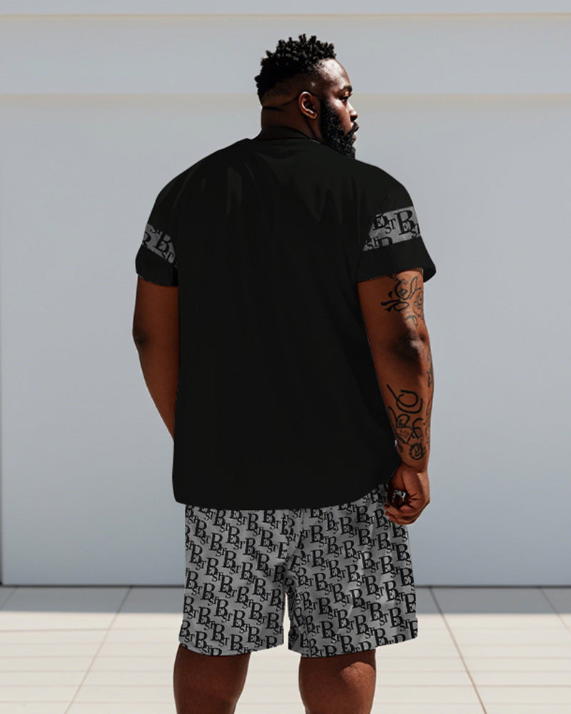 Men's Plus Size Black Stripe Letter Patchwork Print Short Sleeve T-Shirt Shorts Suit