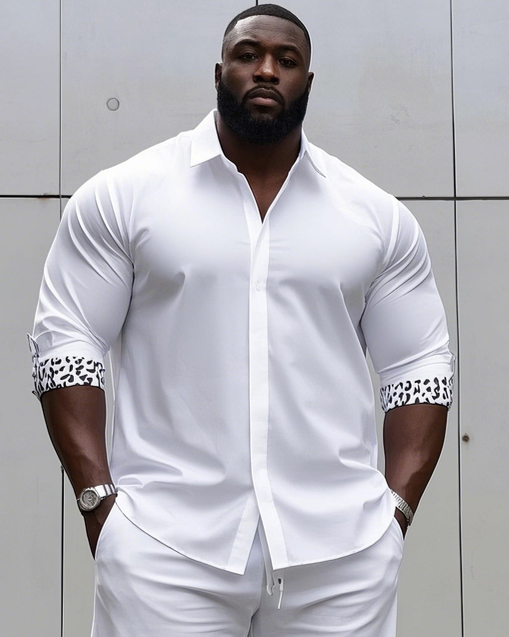Men's plus-size casual daily long-sleeved shirt and shorts suit
