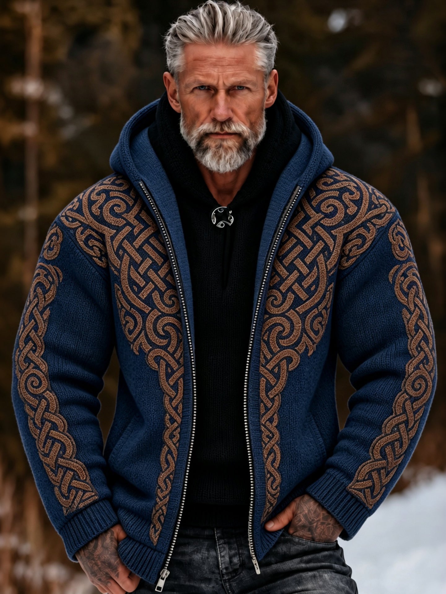 Men's Vintage Viking Celtic Knot Cozy Warm Knitted Jacquard Zipper Hooded Sweater