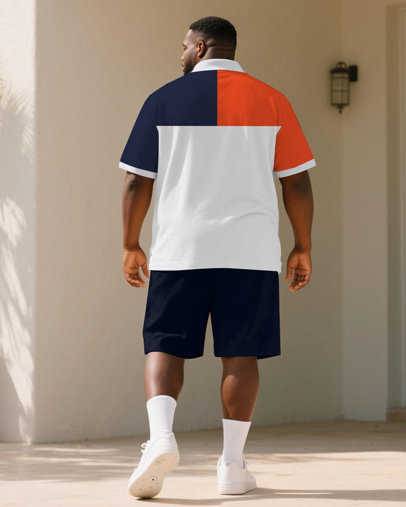 Big & Tall Men's Business Blue Orange Geometric Colorblock Print Short Sleeve Polo Shirt Shorts Suit