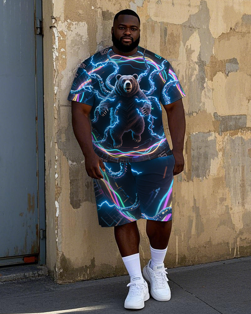 Men's Big & Tall Casual Electric Bear Printed 2-Piece Short Sleeve T-Shirt Shorts Set