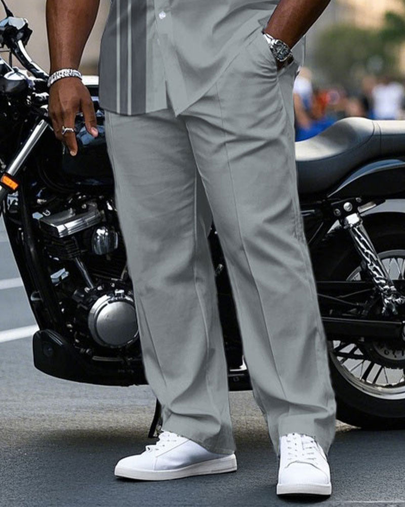 Men's Plus Size Gray Color Matching Line Fashion Short Sleeve Shirt Trousers Suit