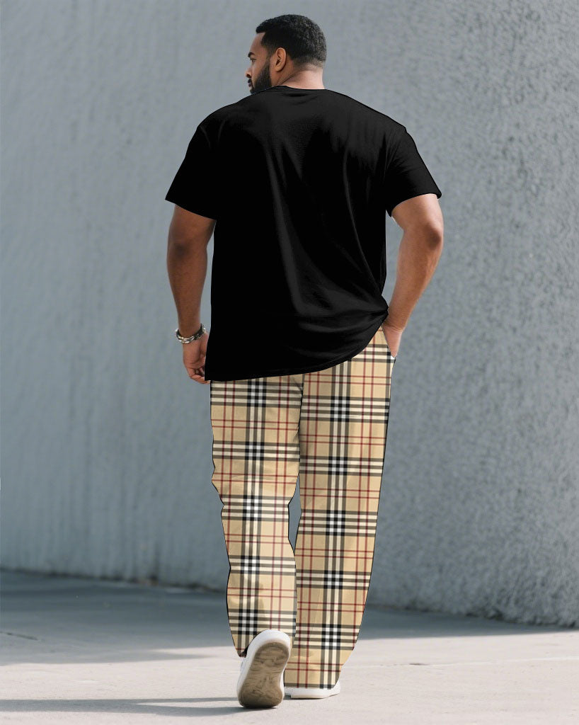 Men's Plus Size Black & Khaki Plaid Chest Pocket Printed Short-sleeved T-shirt Trousers Suit