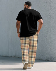 Men's Plus Size Black & Khaki Plaid Chest Pocket Printed Short-sleeved T-shirt Trousers Suit