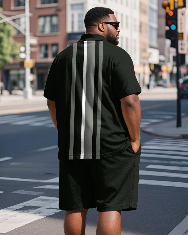 Men's Plus Size Business Black Stripe Print Short Sleeve Polo Shirt Shorts Suit