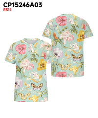 Men's Plus Size Hawaiian Green Butterfly Floral Print Henry Collar Button Short Sleeve Tee