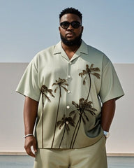 Big & Tall Men's Hawaiian Vacation Army Green Gradient Painting Coconut Tree Print Shirt Shorts Suit
