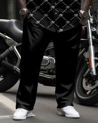 Big & Tall Men's Business Black Letter Dotted Pattern Printed Long Sleeve Shirt Trousers Suit