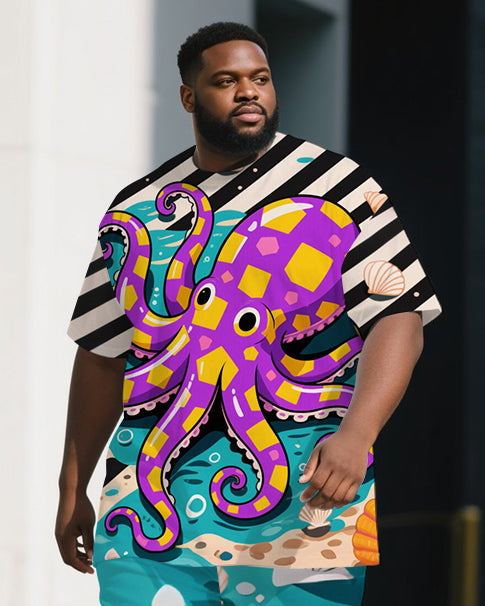Big Guy's Animal World Octopus & Stripe Printed Casual Short Sleeve T-shirt Pants 2-Piece Set