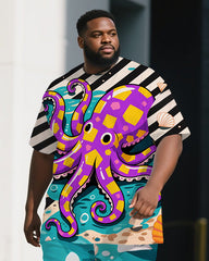 Big Guy's Animal World Octopus & Stripe Printed Casual Short Sleeve T-shirt Pants 2-Piece Set